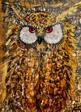 Sova oka, akril-tekstilno usnje, 70x90 cm, 2025, Marcela Kopitar